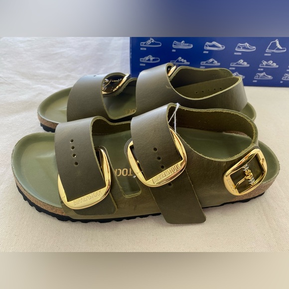 Birkenstock Shoes - Birkenstock Milano Big Buckle Olive Green Sandals with Gold Hardware Accents W11